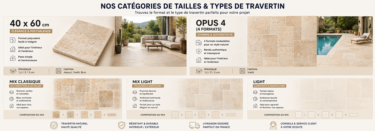 carrelage intérieur et dallage extérieur en travertin